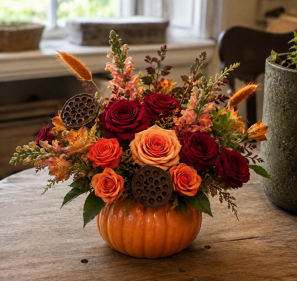 Pumpkin floral arrangement created for a floral design workshop at The Homestead in Oyster Bay, NY