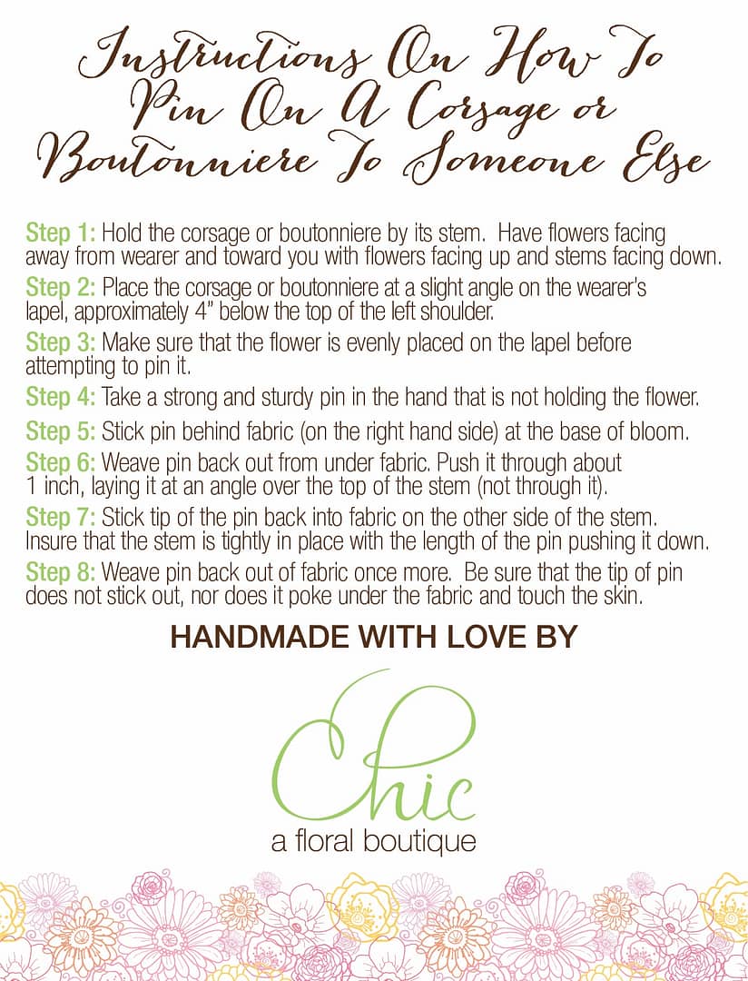 instructions, pin on a corsage, pin on a boutonniere, wedding flowers, long island wedding flowers